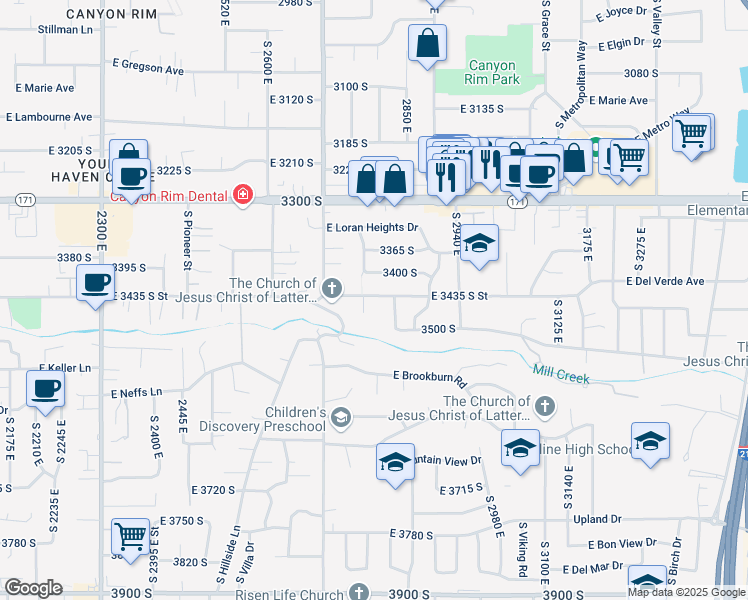 map of restaurants, bars, coffee shops, grocery stores, and more near 3449 South Cleveland Circle in Salt Lake City
