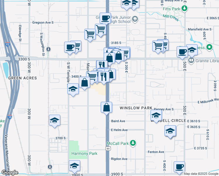 map of restaurants, bars, coffee shops, grocery stores, and more near 3443 State Street in South Salt Lake