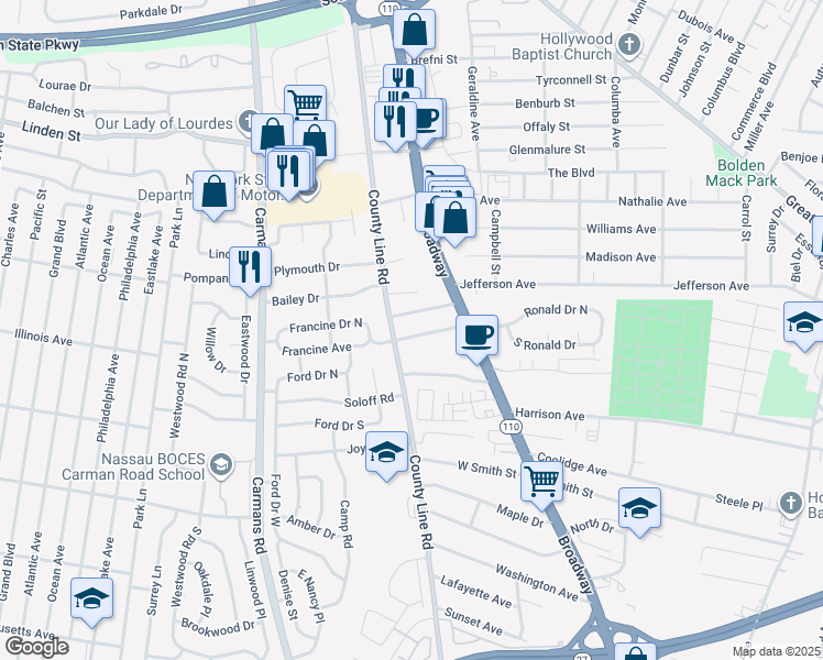 map of restaurants, bars, coffee shops, grocery stores, and more near 10 Francine Avenue in Amityville