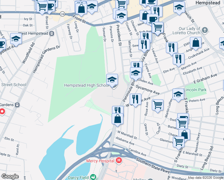 map of restaurants, bars, coffee shops, grocery stores, and more near 201 President Street in Hempstead