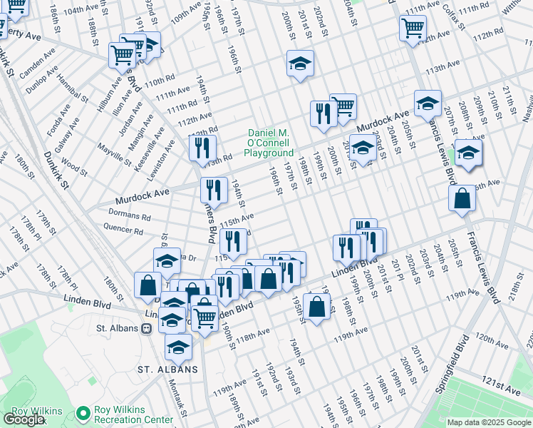 map of restaurants, bars, coffee shops, grocery stores, and more near 194-40 115th Avenue in Queens