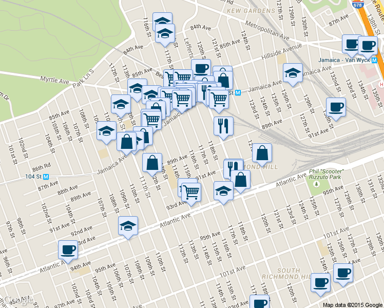 map of restaurants, bars, coffee shops, grocery stores, and more near in Queens