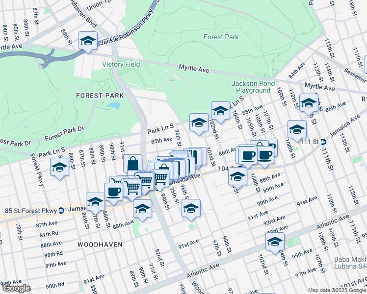 map of restaurants, bars, coffee shops, grocery stores, and more near 85-27 96th Street in Queens