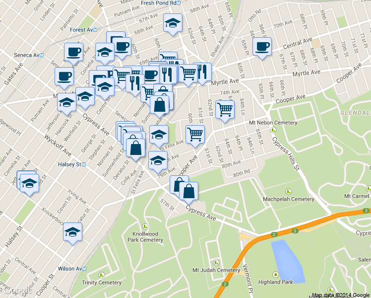 map of restaurants, bars, coffee shops, grocery stores, and more near 60-11 78th Avenue in Queens