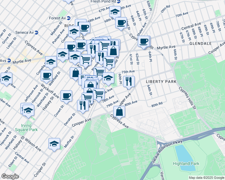 map of restaurants, bars, coffee shops, grocery stores, and more near 5852 Saint Felix Avenue in Queens