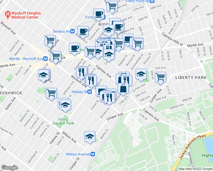 map of restaurants, bars, coffee shops, grocery stores, and more near 16-59 Norman Street in Queens