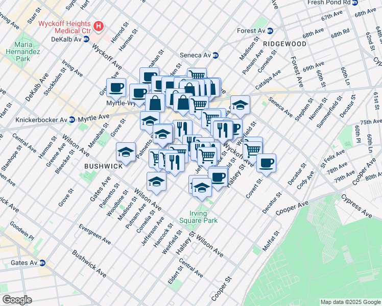 map of restaurants, bars, coffee shops, grocery stores, and more near 429 Irving Avenue in Brooklyn