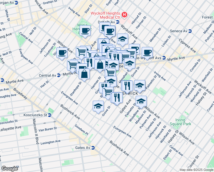 map of restaurants, bars, coffee shops, grocery stores, and more near 155 Bleecker Street in Brooklyn