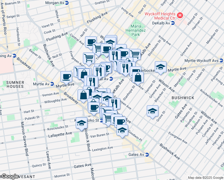 map of restaurants, bars, coffee shops, grocery stores, and more near 1235 Dekalb Avenue in Brooklyn