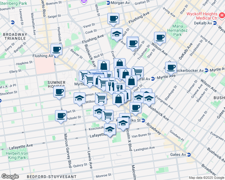 map of restaurants, bars, coffee shops, grocery stores, and more near 12 Ditmars Street in Brooklyn