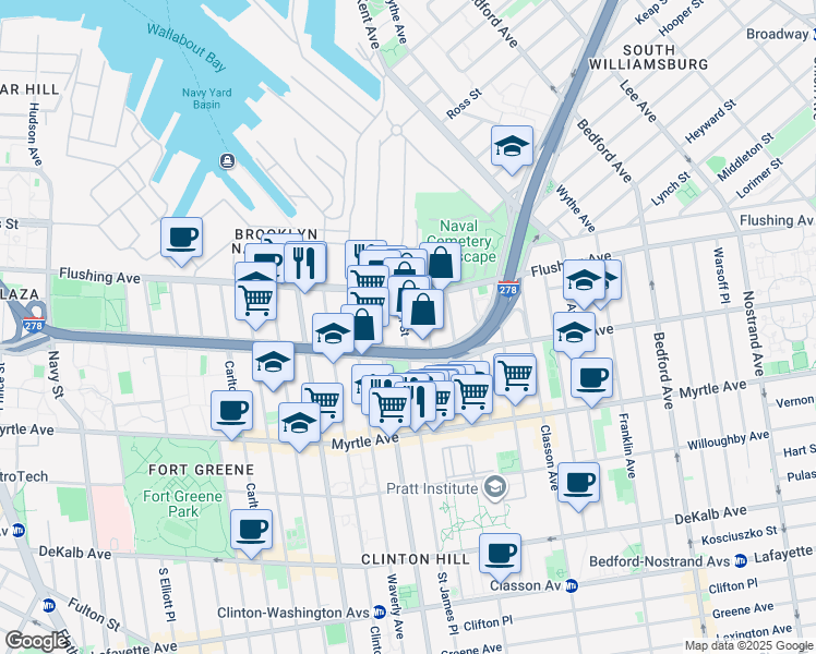 map of restaurants, bars, coffee shops, grocery stores, and more near 37 Hall Street in Brooklyn