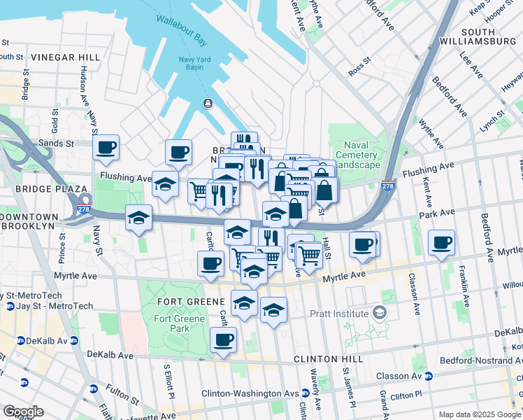 map of restaurants, bars, coffee shops, grocery stores, and more near 235 Park Avenue in Brooklyn