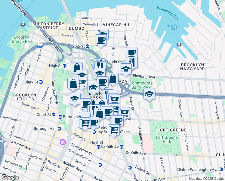 map of restaurants, bars, coffee shops, grocery stores, and more near 269 Gold Street in Brooklyn