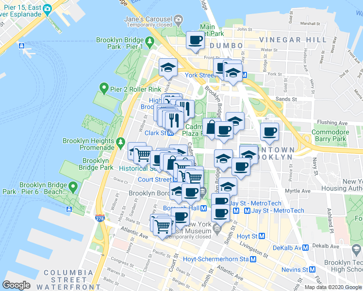 map of restaurants, bars, coffee shops, grocery stores, and more near 16 Monroe Place in Brooklyn