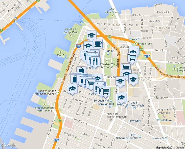 map of restaurants, bars, coffee shops, grocery stores, and more near 138 Henry Street in Brooklyn