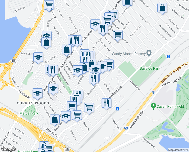 map of restaurants, bars, coffee shops, grocery stores, and more near 128 Danforth Avenue in Jersey City