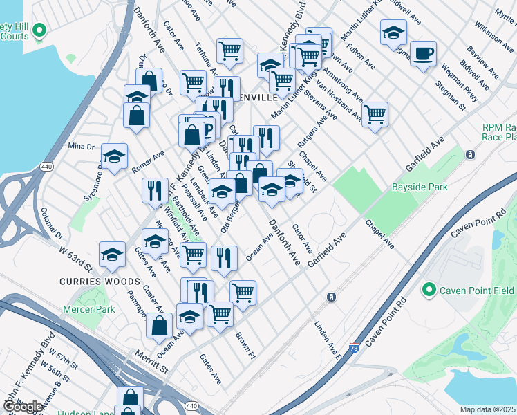 map of restaurants, bars, coffee shops, grocery stores, and more near 150 Linden Avenue in Jersey City