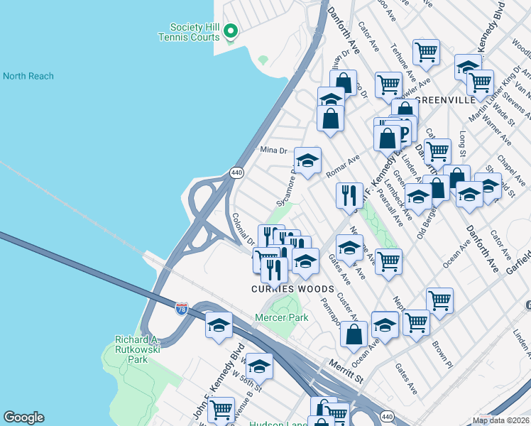map of restaurants, bars, coffee shops, grocery stores, and more near 1 Crossgate Road in Jersey City