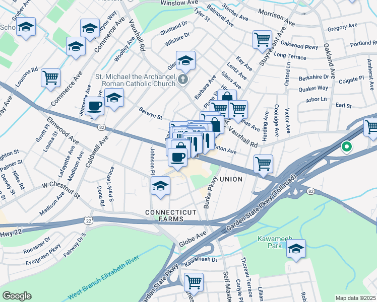 map of restaurants, bars, coffee shops, grocery stores, and more near in Union