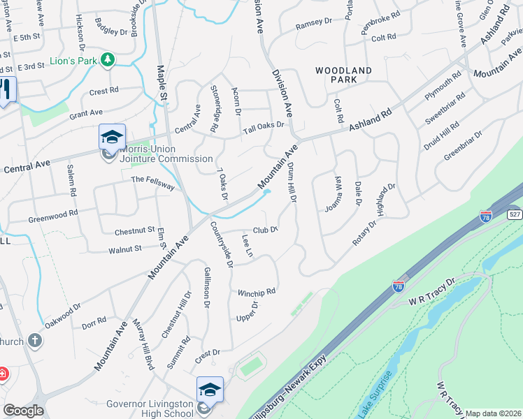 map of restaurants, bars, coffee shops, grocery stores, and more near 32 Club Lane in Summit