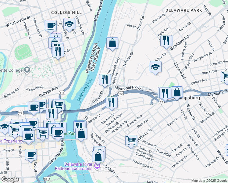 map of restaurants, bars, coffee shops, grocery stores, and more near 201 North Main Street in Phillipsburg