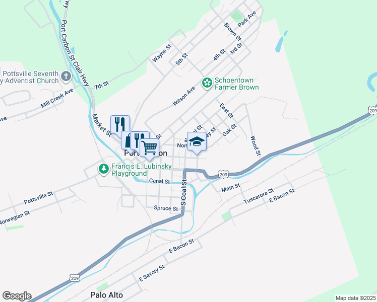 map of restaurants, bars, coffee shops, grocery stores, and more near 223 Coal Street in Port Carbon