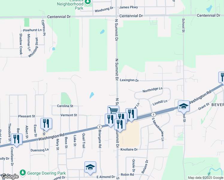 map of restaurants, bars, coffee shops, grocery stores, and more near 303 North Summit Drive in Washington