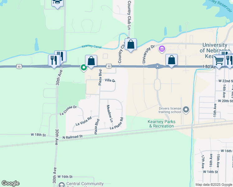 map of restaurants, bars, coffee shops, grocery stores, and more near 131 West Villa Drive in Kearney