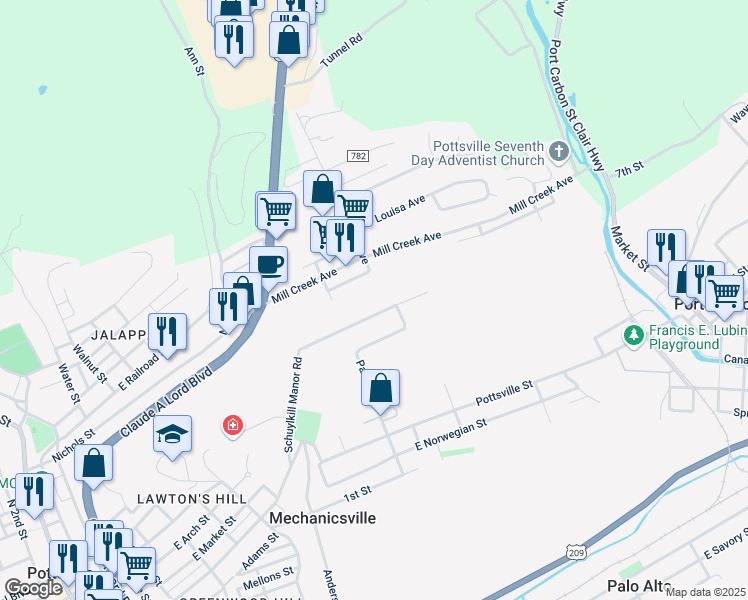 map of restaurants, bars, coffee shops, grocery stores, and more near 1009 Schuylkill Manor Road in Pottsville