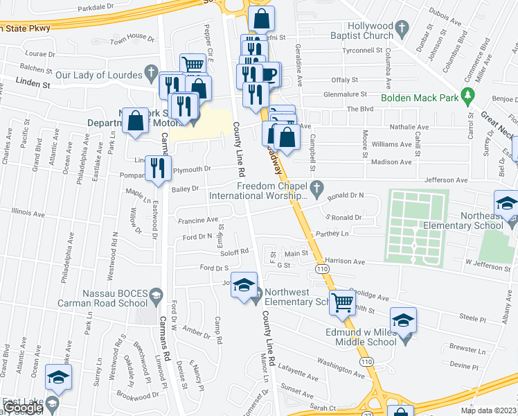 map of restaurants, bars, coffee shops, grocery stores, and more near 16 Francine Avenue in Amityville