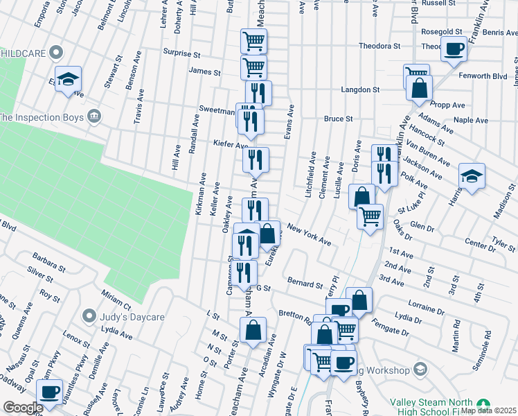 map of restaurants, bars, coffee shops, grocery stores, and more near 1337 Star Avenue in Elmont