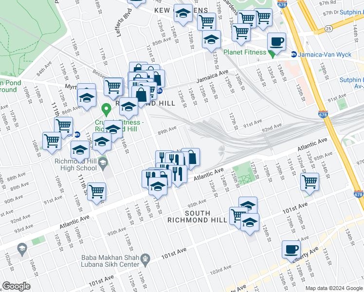 map of restaurants, bars, coffee shops, grocery stores, and more near 120-21 91st Avenue in Queens