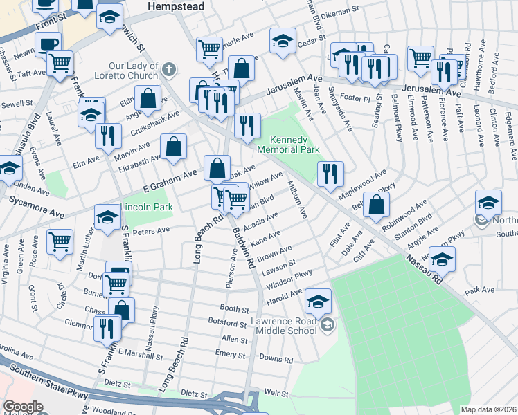 map of restaurants, bars, coffee shops, grocery stores, and more near 106 Kennedy Avenue in Hempstead
