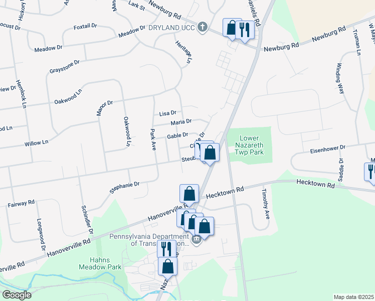 map of restaurants, bars, coffee shops, grocery stores, and more near 4447 Circle Drive in Bethlehem