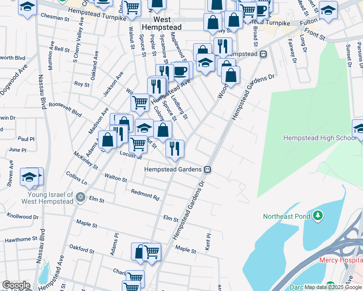 map of restaurants, bars, coffee shops, grocery stores, and more near 326 Woodfield Road in West Hempstead