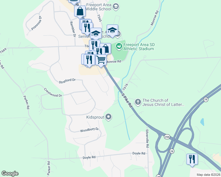 map of restaurants, bars, coffee shops, grocery stores, and more near 1072 Sandy Ridge Drive in Sarver