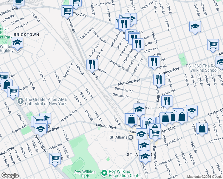 map of restaurants, bars, coffee shops, grocery stores, and more near 186-12 Dormans Road in Queens