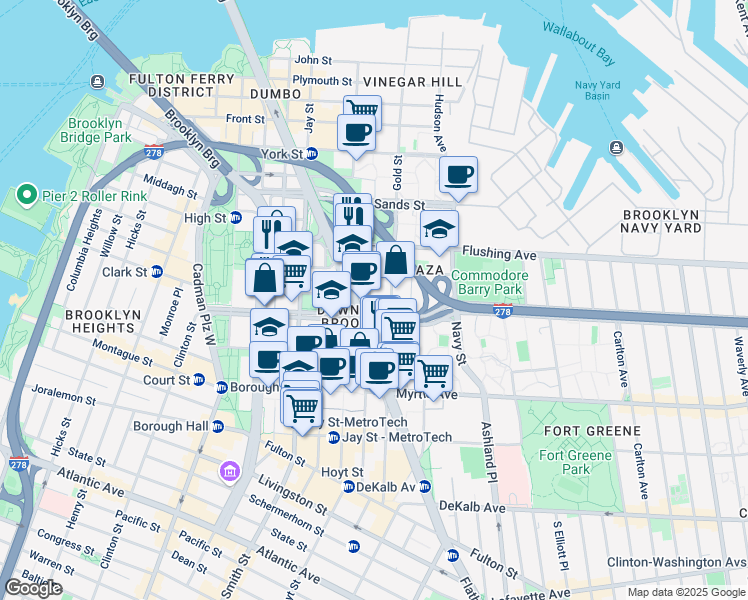 map of restaurants, bars, coffee shops, grocery stores, and more near 55 Duffield Street in Brooklyn