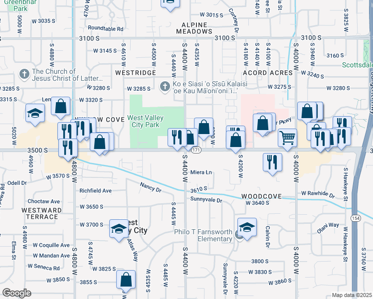 map of restaurants, bars, coffee shops, grocery stores, and more near 4400 West 3500 South in Salt Lake City