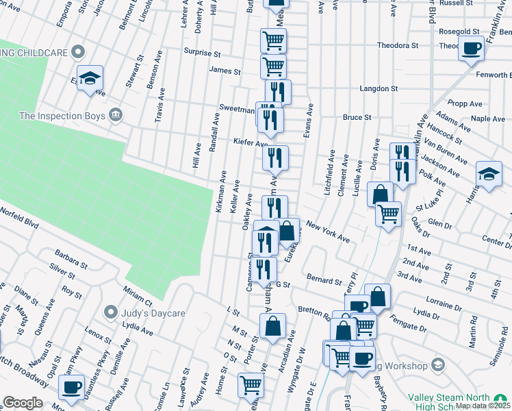 map of restaurants, bars, coffee shops, grocery stores, and more near 1373 Star Avenue in Elmont