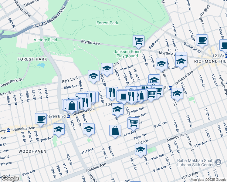 map of restaurants, bars, coffee shops, grocery stores, and more near 102-21 86th Avenue in Queens