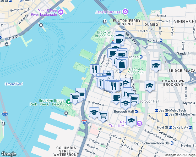 map of restaurants, bars, coffee shops, grocery stores, and more near 1 Pierrepont Street in Brooklyn