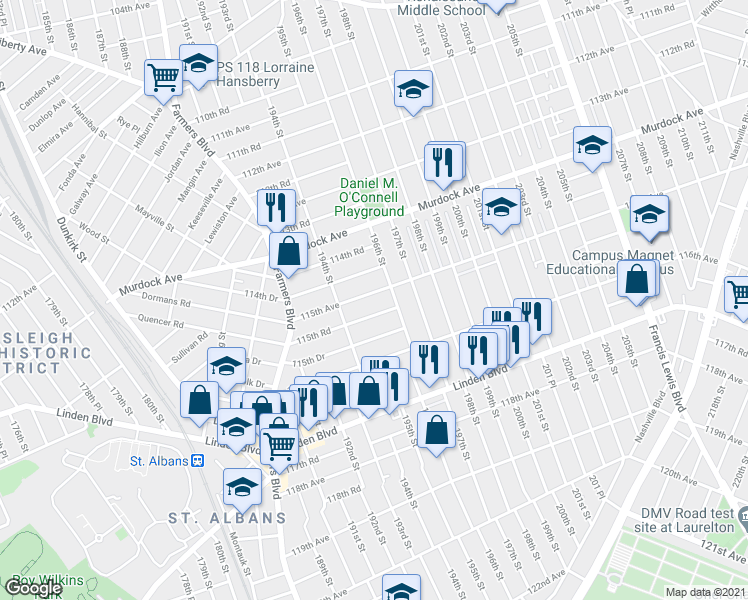 map of restaurants, bars, coffee shops, grocery stores, and more near 194-40 115th Avenue in Queens