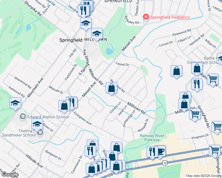 map of restaurants, bars, coffee shops, grocery stores, and more near 255 Milltown Road in Springfield
