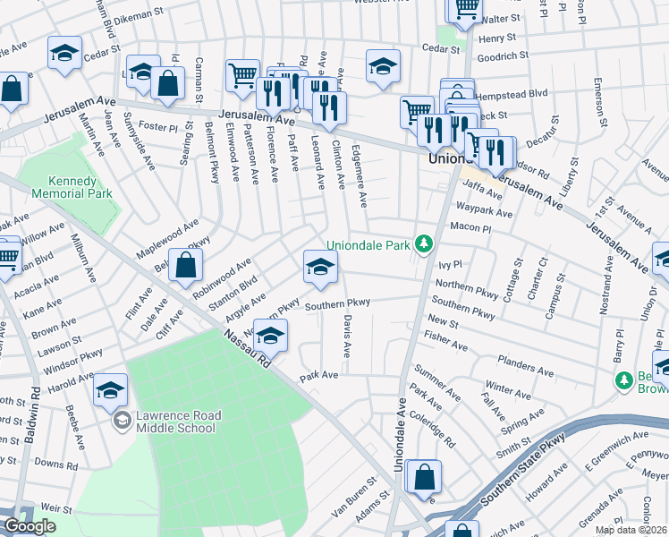 map of restaurants, bars, coffee shops, grocery stores, and more near 636 Davis Avenue in Uniondale