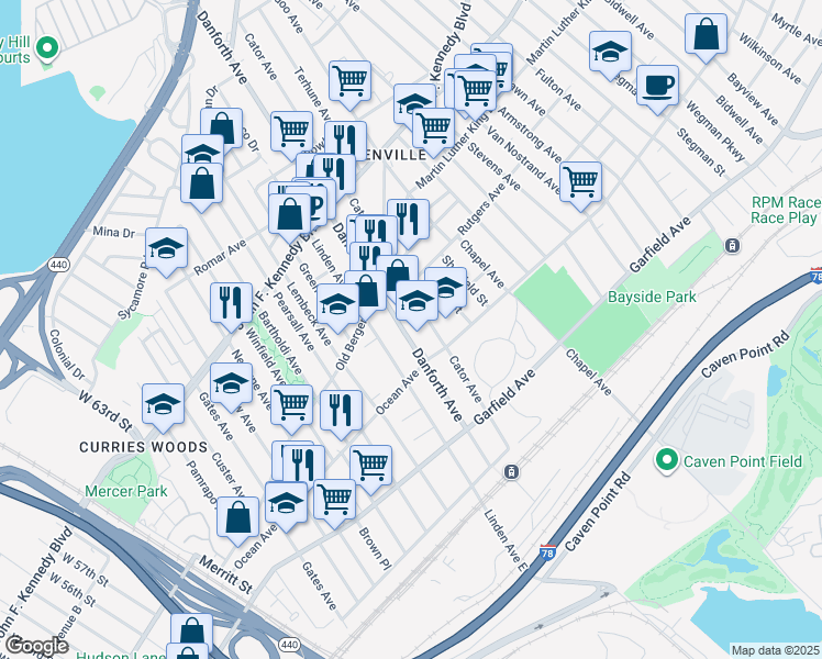 map of restaurants, bars, coffee shops, grocery stores, and more near 136 Danforth Avenue in Jersey City