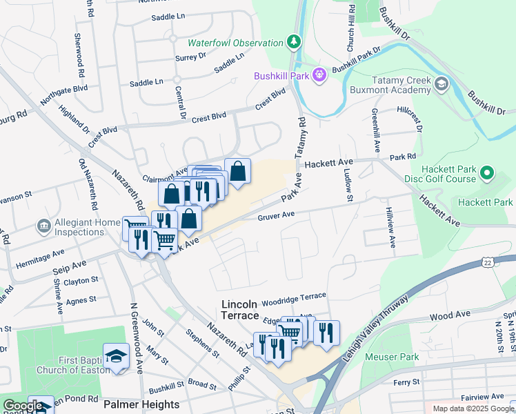 map of restaurants, bars, coffee shops, grocery stores, and more near 2337 Park Avenue in Easton