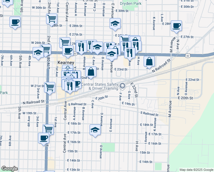 map of restaurants, bars, coffee shops, grocery stores, and more near 449 North Railroad Street in Kearney