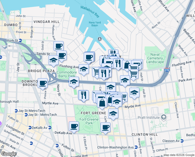 map of restaurants, bars, coffee shops, grocery stores, and more near 139 Park Avenue in Brooklyn