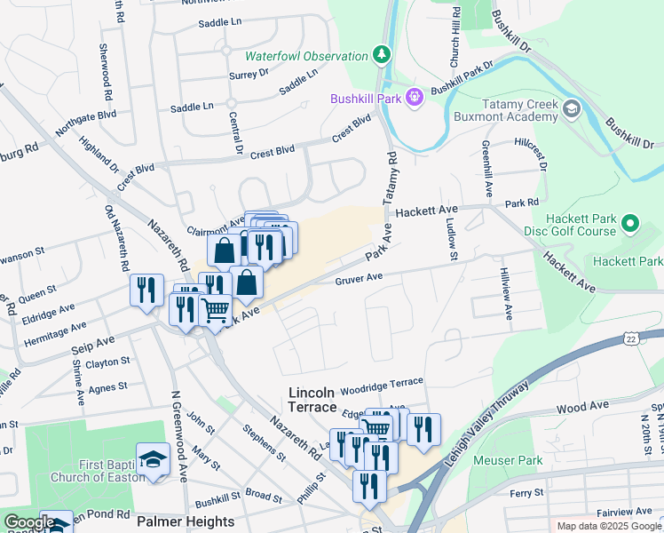 map of restaurants, bars, coffee shops, grocery stores, and more near 2337 Park Avenue in Easton